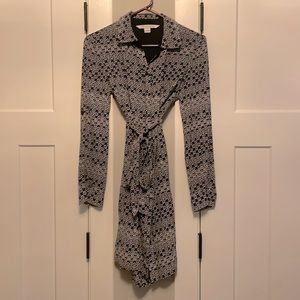 Diane Von Furstenberg DVF Navy Prita Print Silk Shirt Dress Tie Waist Size 4